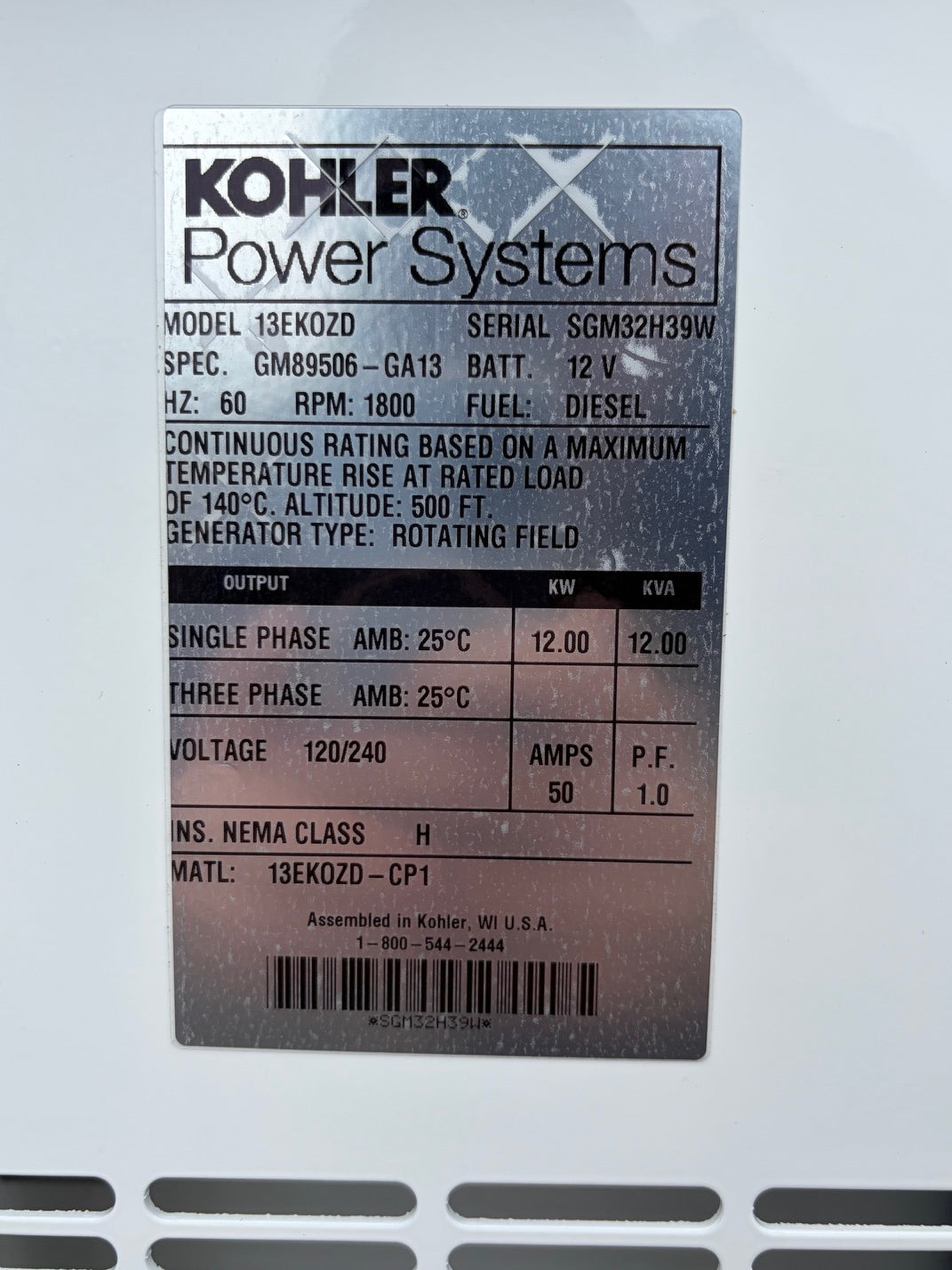 KOHLER 13EKOZD MARINE DIESEL GENERATOR